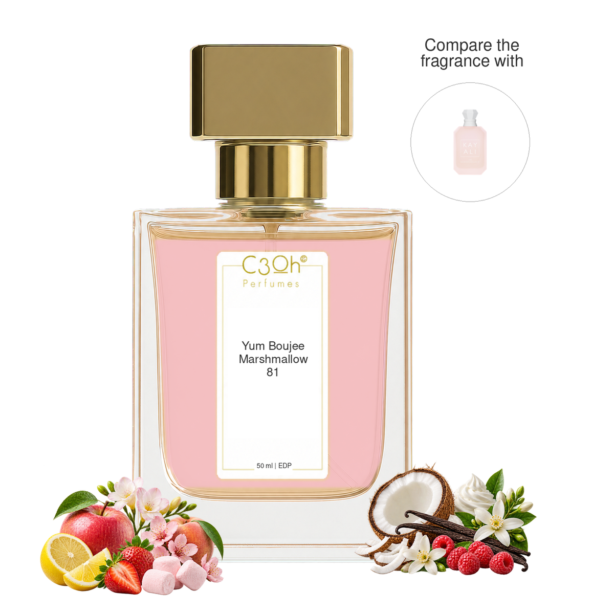 C3oh Yum Boujee Marshmallow 81 perfume hero with pink liquid and foreground fragrance ingredients