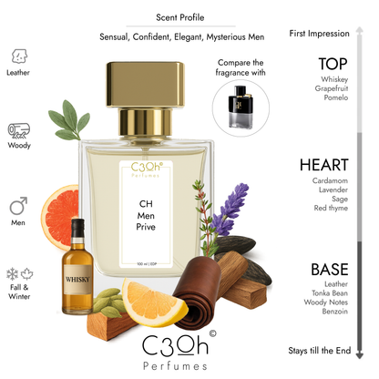 C3oh CH Men Prive Perfume Spray for Men | Leathery Woody Fragrance | 50 ml & 100 ml Men's Eau De Perfume Spray | Luxury Gift for Him | Perfume for Sensual Confident Elegant Mysterious Men