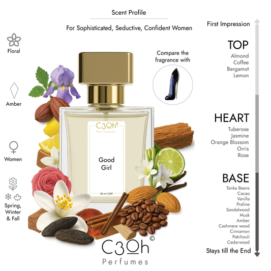 C3oh Good Girl Perfume Spray for Women | Amber Floral Chypre Fragrance | 50 ml 100 ml Womens Eau De Perfume Spray | Luxury Gift for Her | Perfume for Sophisticated Seductive Confident Feminine Women