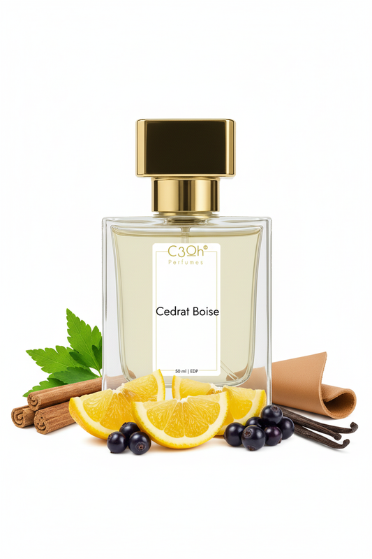 C3oh Cedrat Boise, inspired by Mancera Cedrat Boise: gold-capped perfume bottle with citrus, berries and vanilla illustrations.