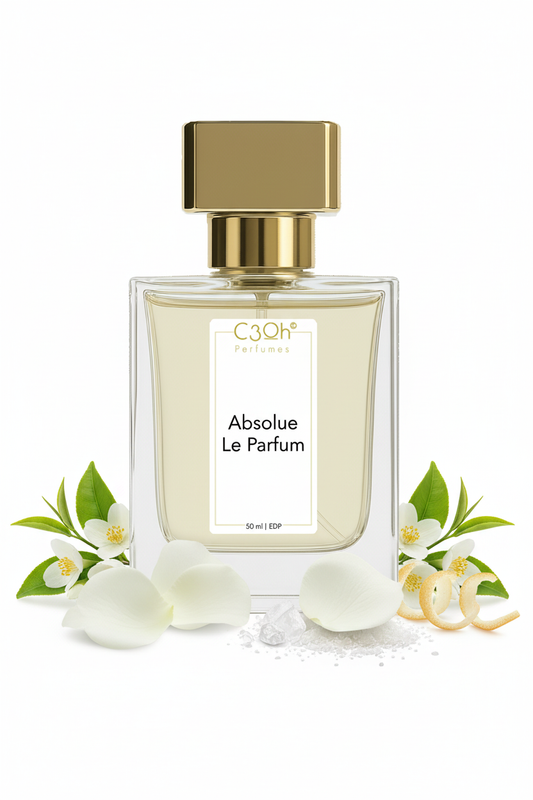 C3oh Absolue Le Parfum, inspired by Lancôme Absolue Le Parfum: gold-capped perfume bottle with white flowers and green notes illustrations.