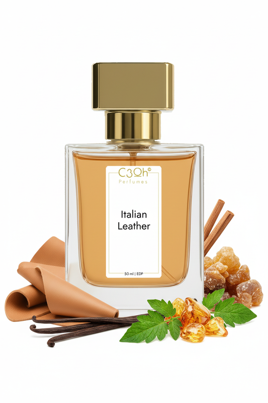 C3oh Italian Leather, inspired by Memo Paris Italian Leather: gold-capped perfume bottle with leather and spices illustrations.