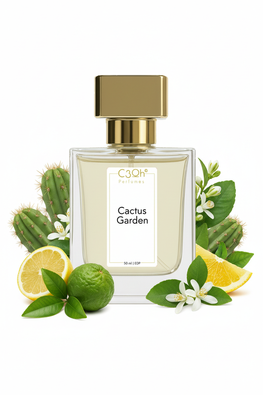 C3oh Cactus Garden, inspired by Louis Vuitton Cactus Garden: gold-capped perfume bottle with citrus and green notes illustrations.