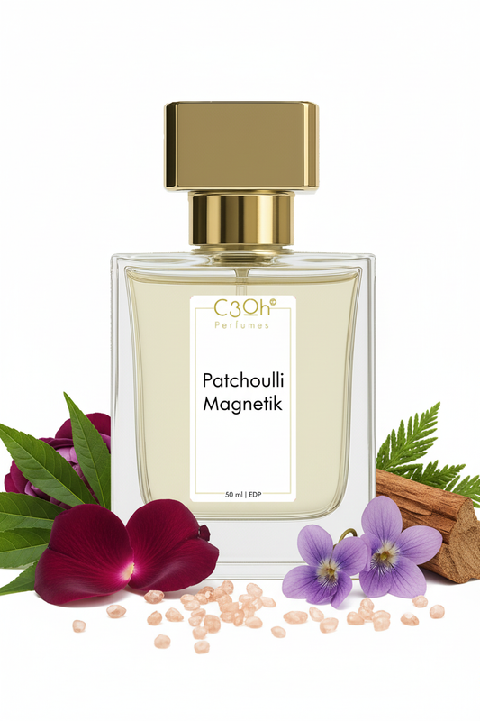 C3oh Patchouli Magnetik, inspired by Maison Crivelli Patchouli Magnetik: gold-capped perfume bottle with flowers and green notes illustrations.