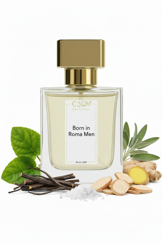 C3oh Born in Roma Men, inspired by Valentino Uomo Born in Roma: gold-capped perfume bottle with vanilla and green notes illustrations.