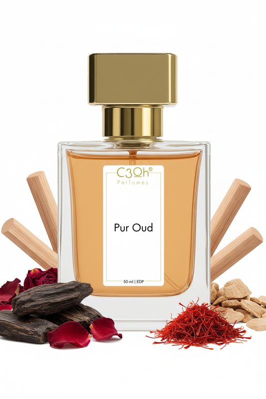 C3oh Pur Oud, inspired by Louis Vuitton Pur Oud: gold-capped perfume bottle with dark woods and rose petals illustrations.