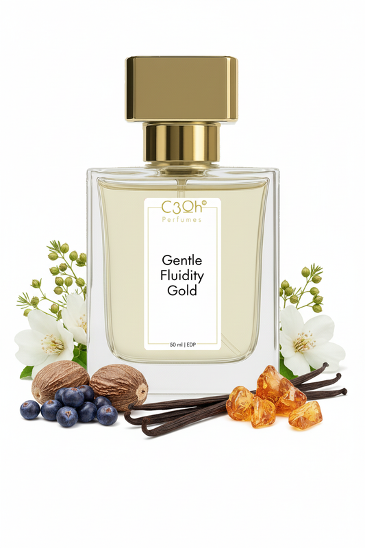C3oh Gentle Fluidity Gold, inspired by Maison Francis Kurkdjian Gentle Fluidity Gold: gold-capped perfume bottle with vanilla and amber illustrations.