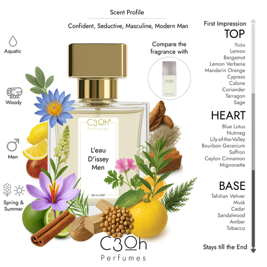 C3oh Leau Dissey Men Perfume Spray for Men | Woody Aquatic Fragrance | 50 ml & 100 ml Men's Eau De Perfume Spray | Luxury Gift for Him | Perfume for Fresh Masculine Energetic Confident Men