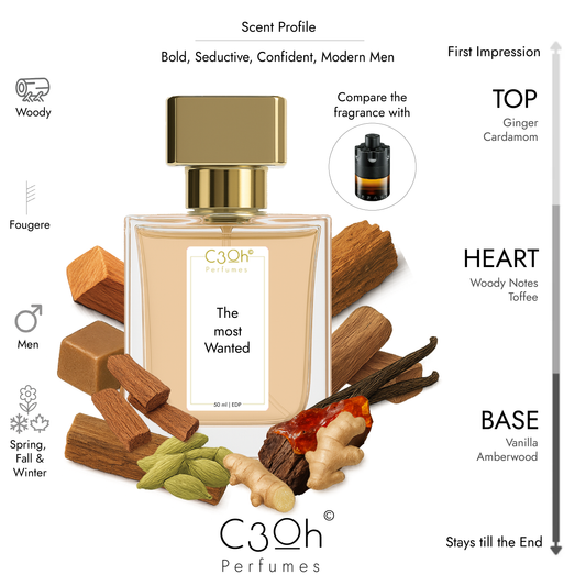 C3oh The most Wanted Perfume Spray for Men | Fougere Ambery Woody Fragrance | 50 ml & 100 ml Men's Eau De Perfume Spray | Luxury Gift for Him | Perfume for Bold Seductive Confident Modern Men