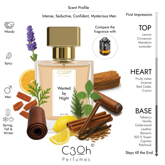 C3oh Wanted by night Perfume Spray for Men | Woody Amber Spicy Fragrance | 50 ml & 100 ml Men's Eau De Perfume Spray | Luxury Gift for Him | Perfume for Intense Seductive Confident Mysterious Men